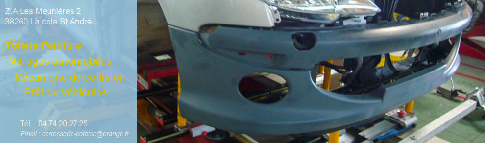 Carrosserie Côtoise, Z.A Les Meunières 2, 38260 La Côte St André - Tôlerie Peinture - Vitrage automobiles - Mécanique de collision - Prêt de véhicules - Tél : 04 74 20 27 25 - Mail : carrosserie-cotoise@orange.fr