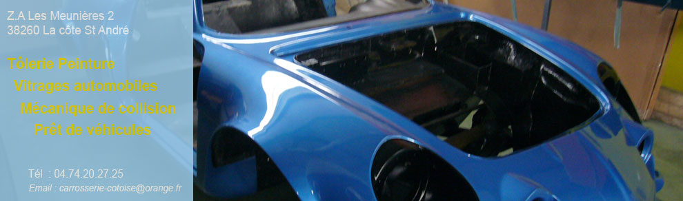 Carrosserie Côtoise, Z.A Les Meunières 2, 38260 La Côte St André - Tôlerie Peinture - Vitrage automobiles - Mécanique de collision - Prêt de véhicules - Tél : 04 74 20 27 25 - Mail : carrosserie-cotoise@orange.fr